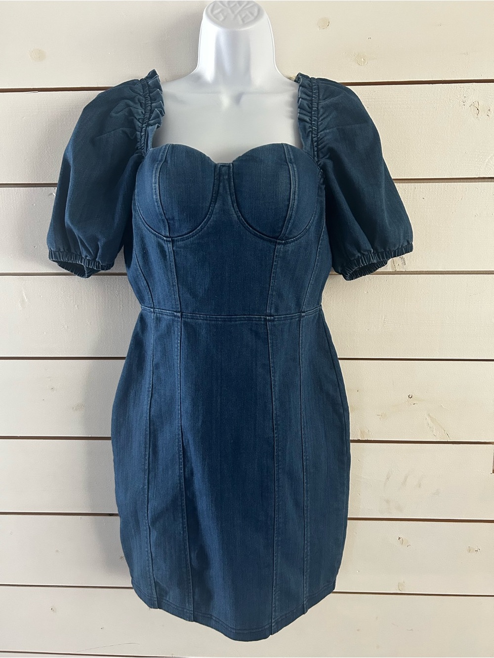 Haute Monde Dark Wash Denim Corset Bustier Puff Sleeve Mini Dress Women’s Medium